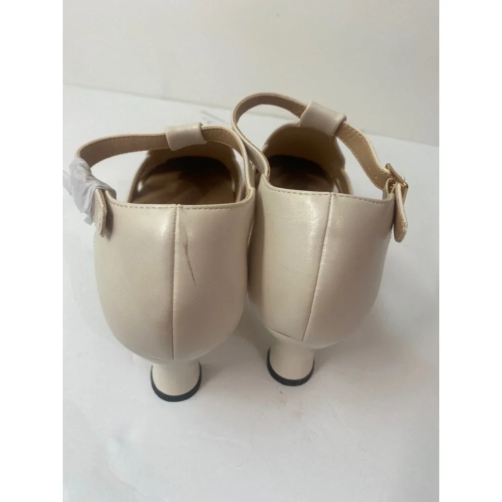 Coutgo Womens Cream T-Strap Pointed Toe Caged Kitten Heels Pumps Size‎ 9.5